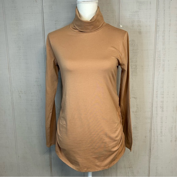 Isabel Maternity by Ingrid & Isabel Tops - Isabel Maternity Turtleneck Top Long Sleeve Shirred Stretchy Cotton Tan Neutral